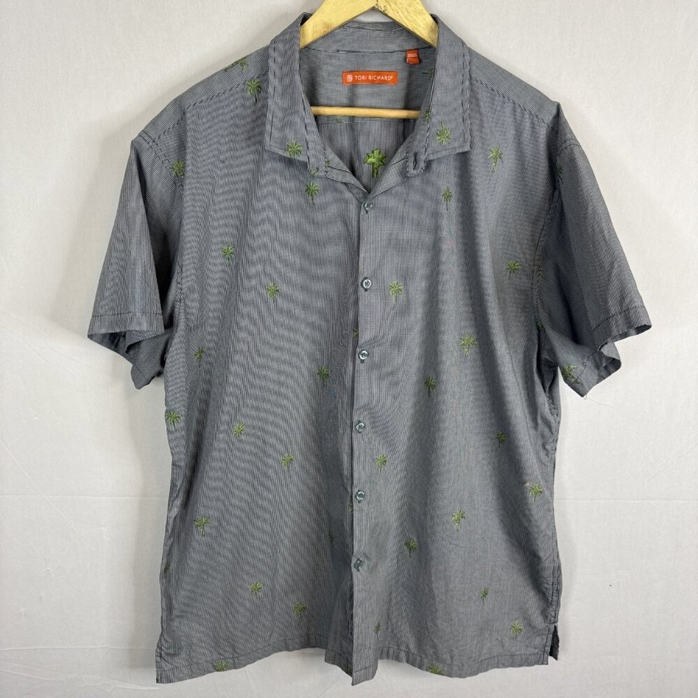 Tom Richard Palm Tree Embroidered‎ Short Sleeve Button Shirt Men’s 2XL Gray